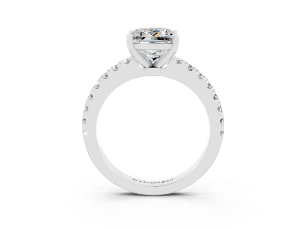 Silver Princess Cut Solitaire Moissanite with Pavé Band and Four-Prong Setting