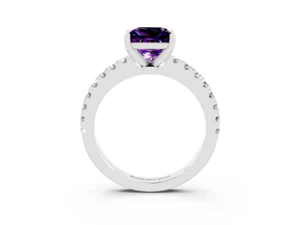 Platinum Princess Cut Solitaire Amethyst with Pavé Band and Four-Prong Setting