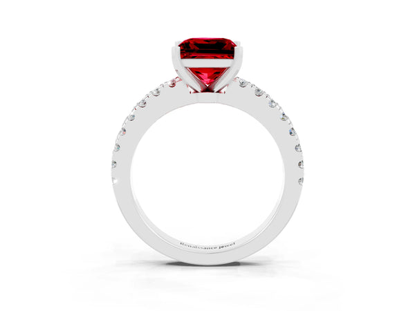 Platinum Princess Cut Solitaire Ruby with Pavé Band and Four-Prong Setting