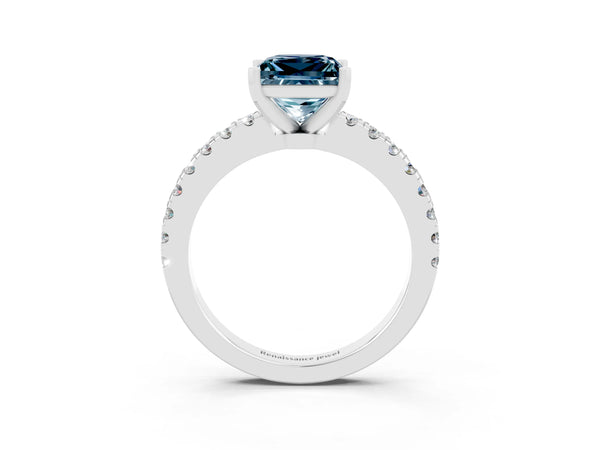 Platinum Princess Cut Solitaire Aquamarine with Pavé Band and Four-Prong Setting