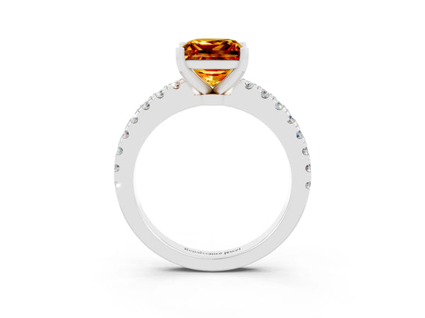 Platinum Princess Cut Solitaire Citrine with Pavé Band and Four-Prong Setting
