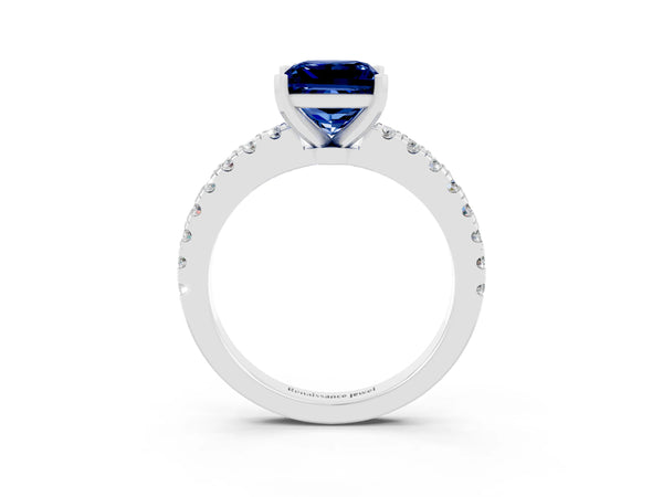 Silver Princess Cut Solitaire Blue Sapphire with Pavé Band and Four-Prong Setting