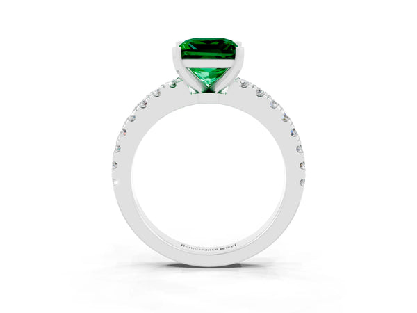 Platinum Princess Cut Solitaire Emerald with Pavé Band and Four-Prong Setting