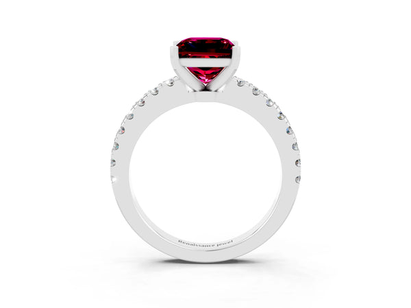 Platinum Princess Cut Solitaire Garnet with Pavé Band and Four-Prong Setting