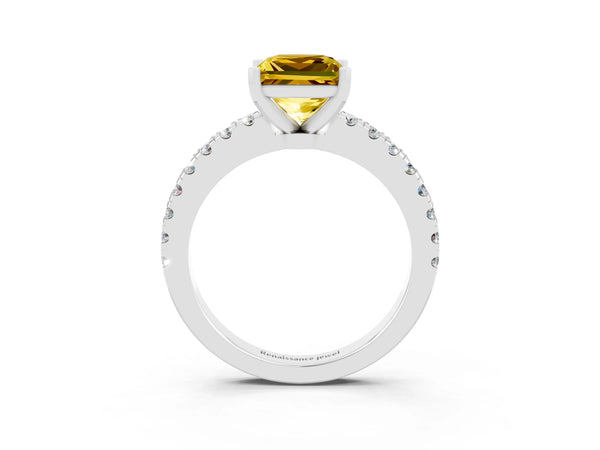 Silver Princess Cut Solitaire Yellow Sapphire with Pavé Band and Four-Prong Setting