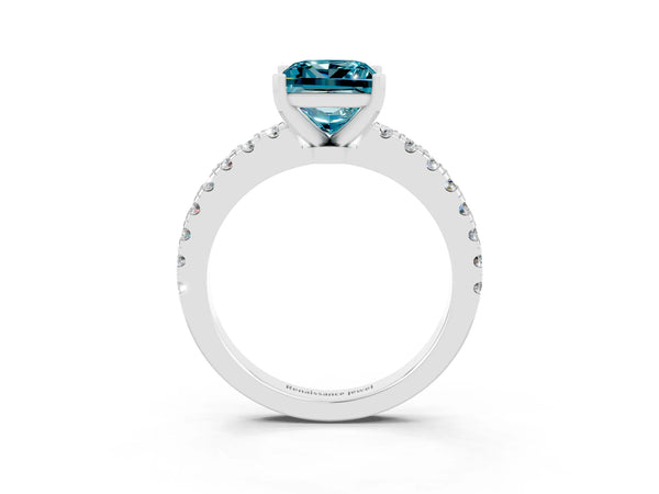 Silver Princess Cut Solitaire Diamond with Pavé Band and Four-Prong Setting