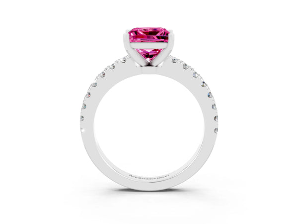 Silver Princess Cut Solitaire Pink Sapphire with Pavé Band and Four-Prong Setting