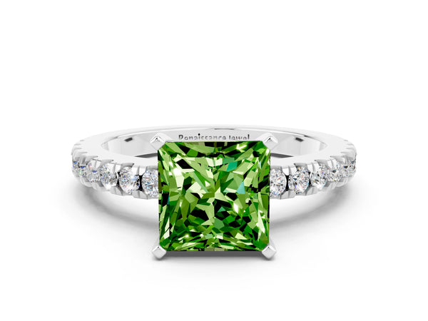 Platinum Princess Cut Solitaire Peridot with Pavé Band and Four-Prong Setting