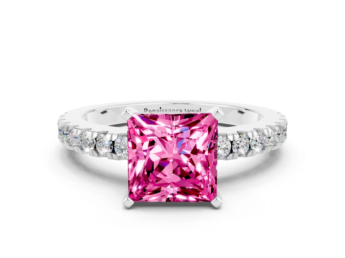 White gold Princess Cut Solitaire Diamond with Pavé Band and Four-Prong Setting