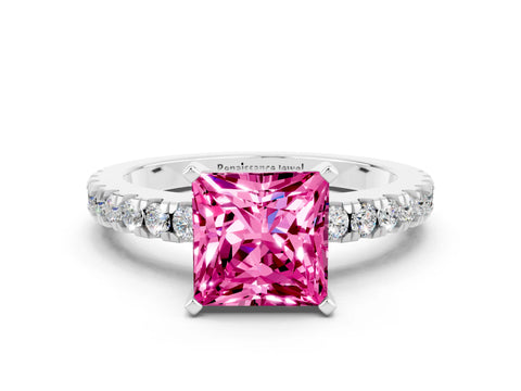 White gold Princess Cut Solitaire Diamond with Pavé Band and Four-Prong Setting