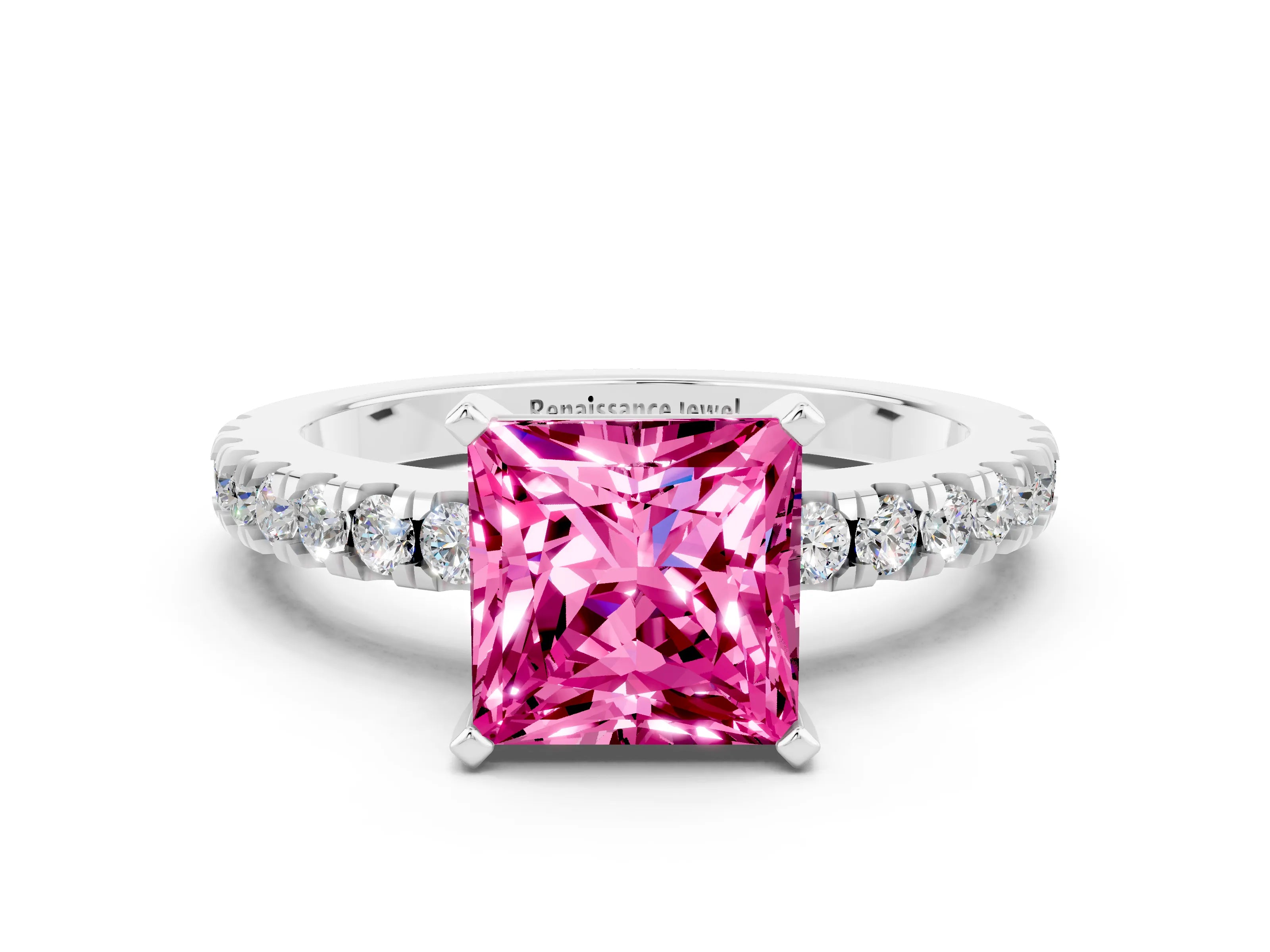 White gold Princess Cut Solitaire Diamond with Pavé Band and Four-Prong Setting