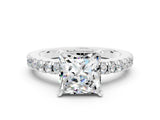 White gold Princess Cut Solitaire Diamond with Pavé Band and Four-Prong Setting