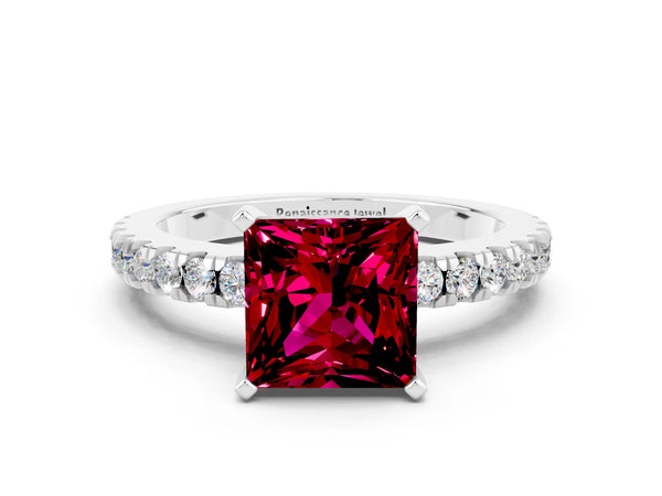 White gold Princess Cut Solitaire Garnet with Pavé Band and Four-Prong Setting