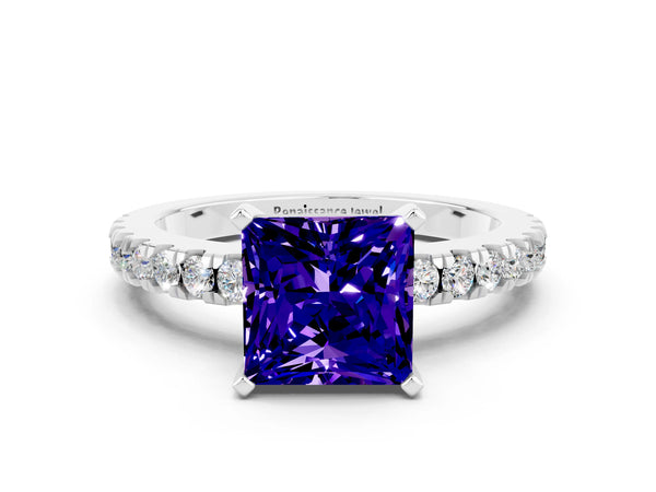 Silver Princess Cut Solitaire Tanzanite with Pavé Band and Four-Prong Setting