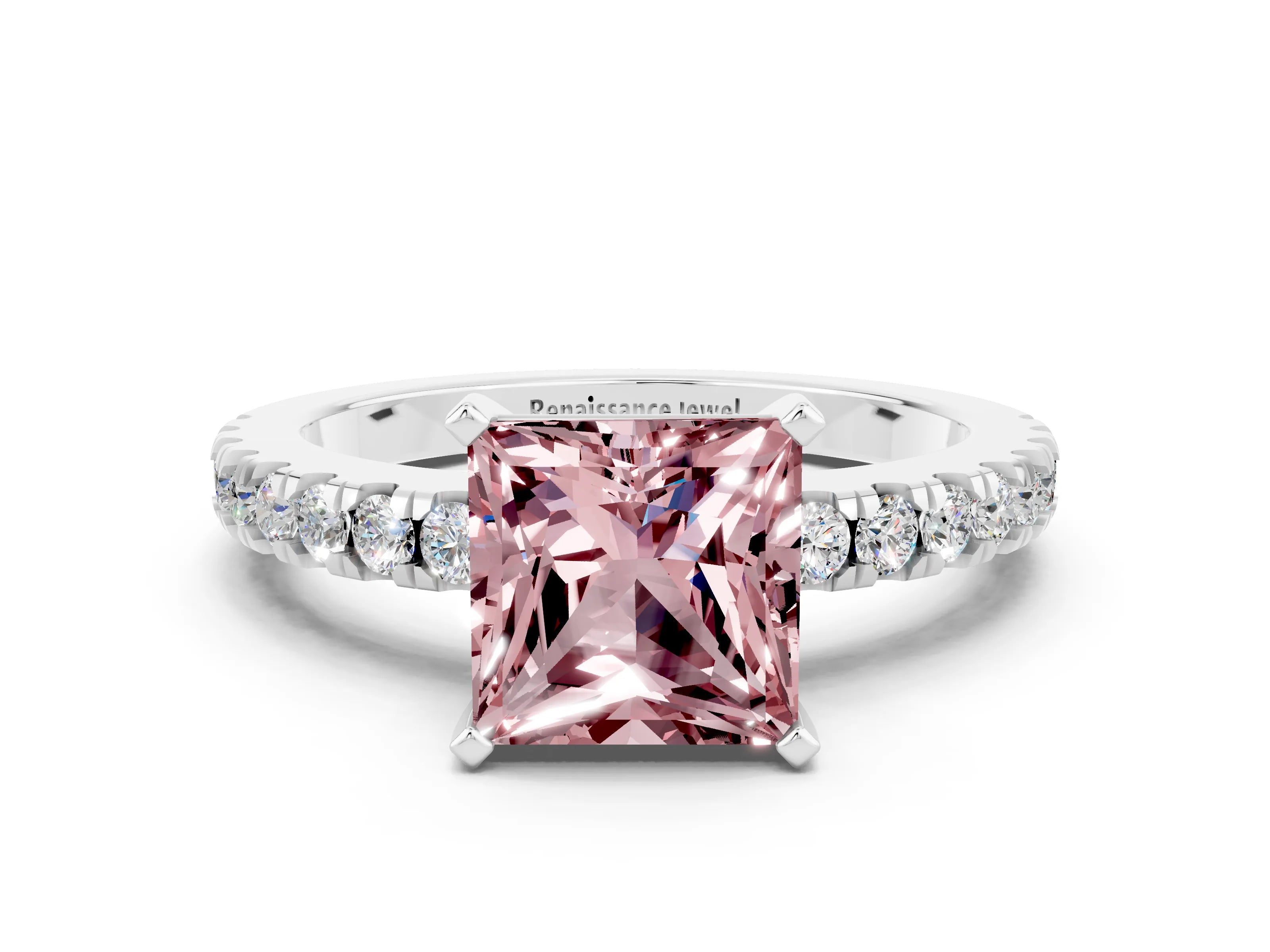 White gold Princess Cut Solitaire Diamond with Pavé Band and Four-Prong Setting