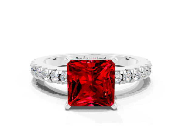 White gold Princess Cut Solitaire Ruby with Pavé Band and Four-Prong Setting