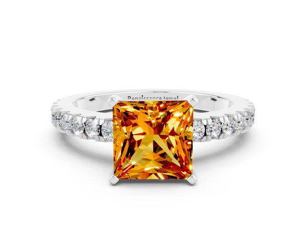 Silver Princess Cut Solitaire Citrine with Pavé Band and Four-Prong Setting