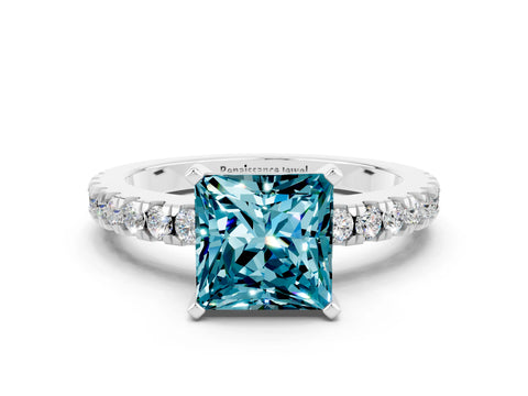 White gold Princess Cut Solitaire Diamond with Pavé Band and Four-Prong Setting