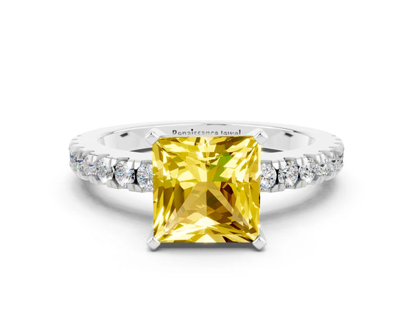 White gold Princess Cut Solitaire Yellow Sapphire with Pavé Band and Four-Prong Setting