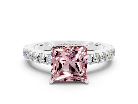 White gold Princess Cut Solitaire Diamond with Pavé Band and Four-Prong Setting