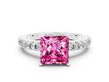 White gold Princess Cut Solitaire Diamond with Pavé Band and Four-Prong Setting