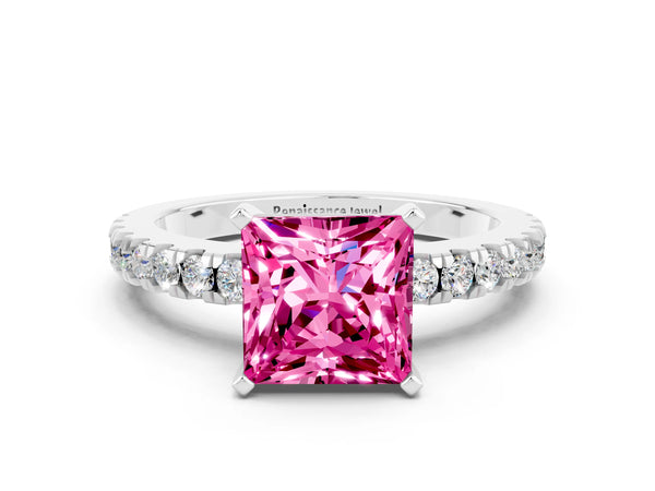Platinum Princess Cut Solitaire Pink Sapphire with Pavé Band and Four-Prong Setting
