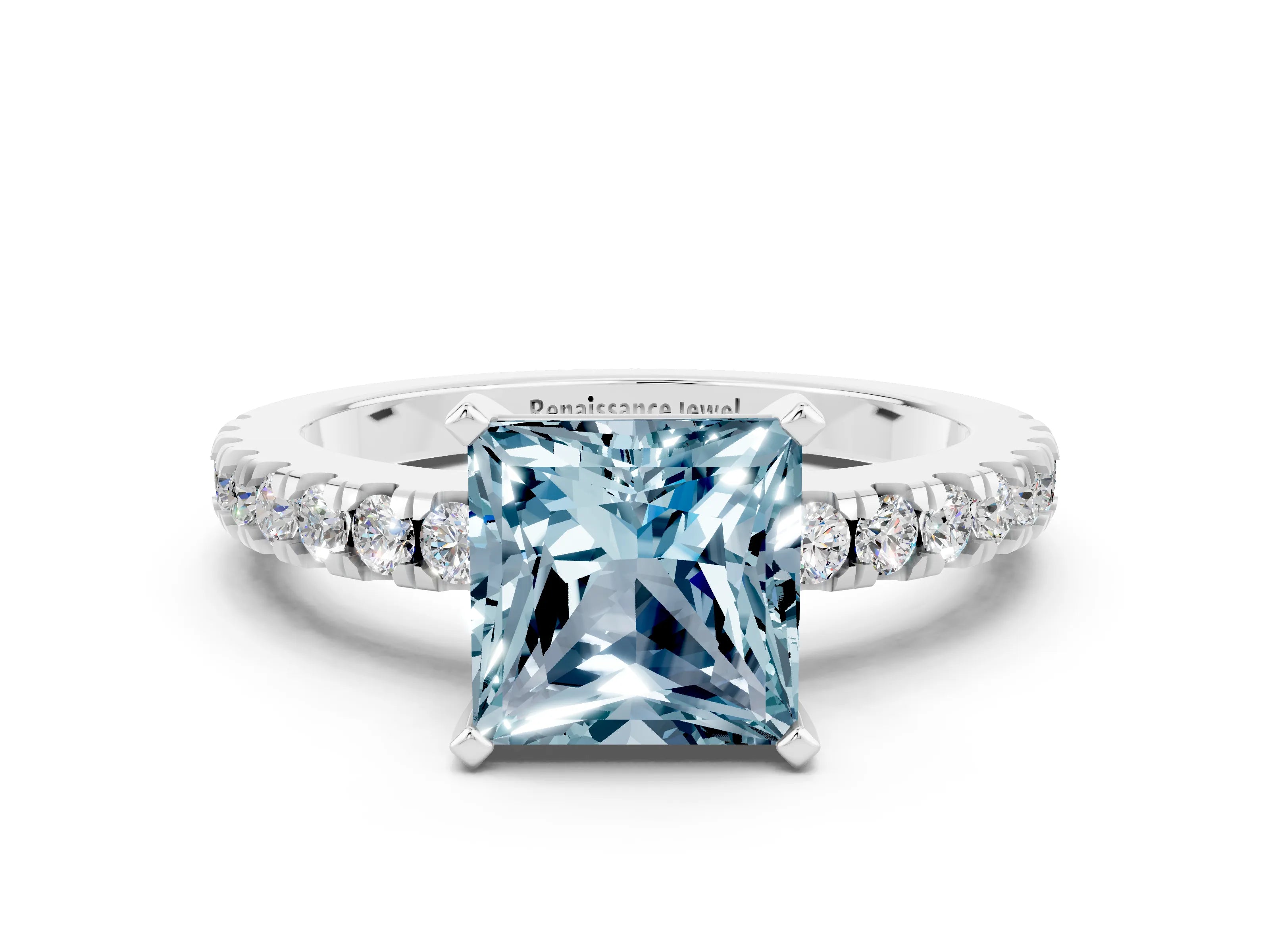 White gold Princess Cut Solitaire Diamond with Pavé Band and Four-Prong Setting