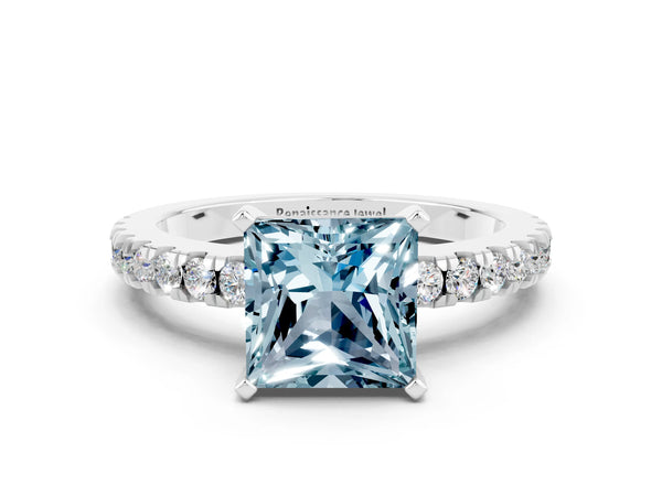 Silver Princess Cut Solitaire Aquamarine with Pavé Band and Four-Prong Setting