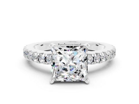 White gold Princess Cut Solitaire Diamond with Pavé Band and Four-Prong Setting