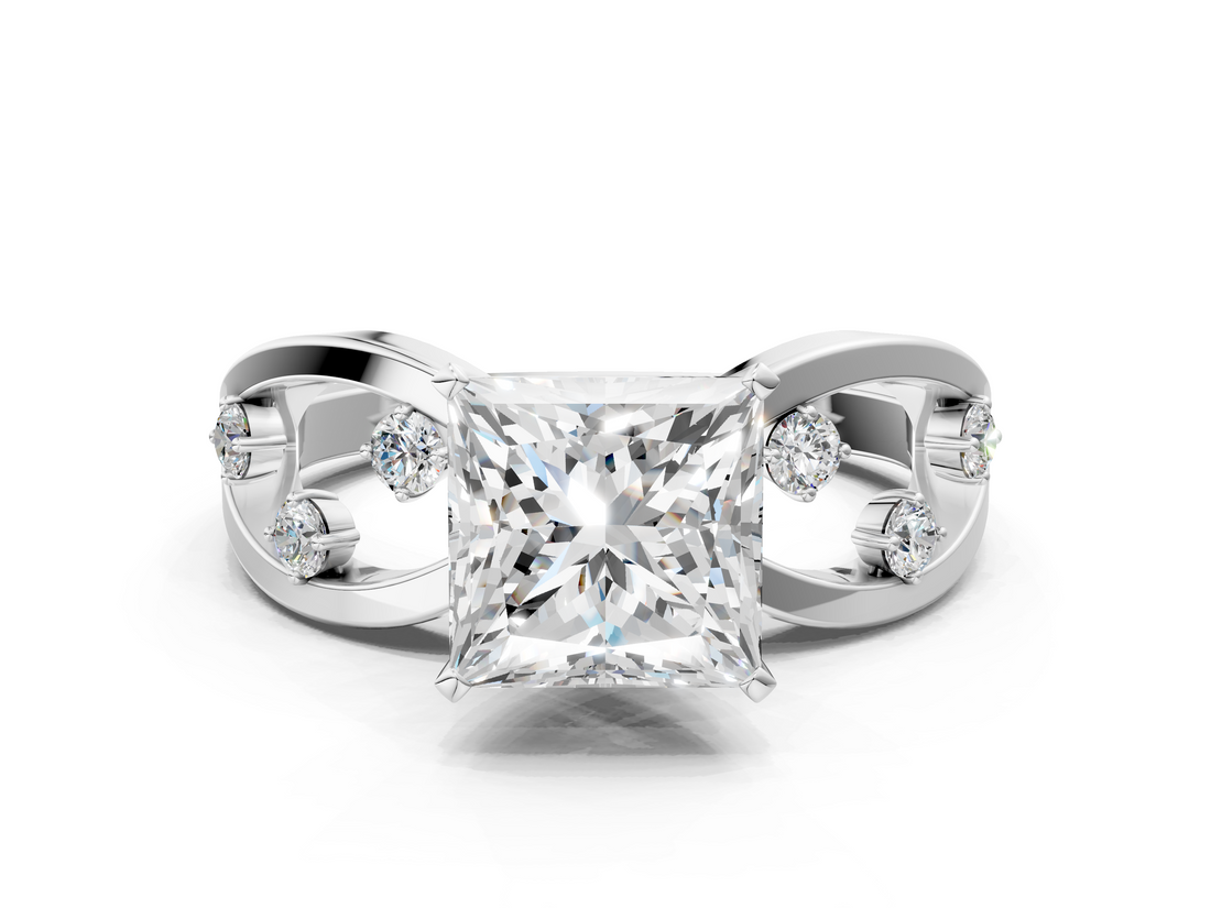 White gold Princess Cut Solitaire Diamond with Side Stones on Criss-Cross Band and Four-Prong Setting_23