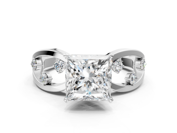 Platinum Princess Cut Solitaire Diamond with Side Stones on Criss-Cross Band and Four-Prong Setting