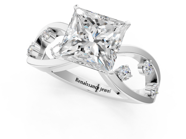 Platinum Princess Cut Solitaire Diamond with Side Stones on Criss-Cross Band and Four-Prong Setting