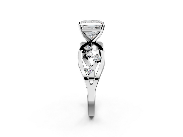 Platinum Princess Cut Solitaire Diamond with Side Stones on Criss-Cross Band and Four-Prong Setting