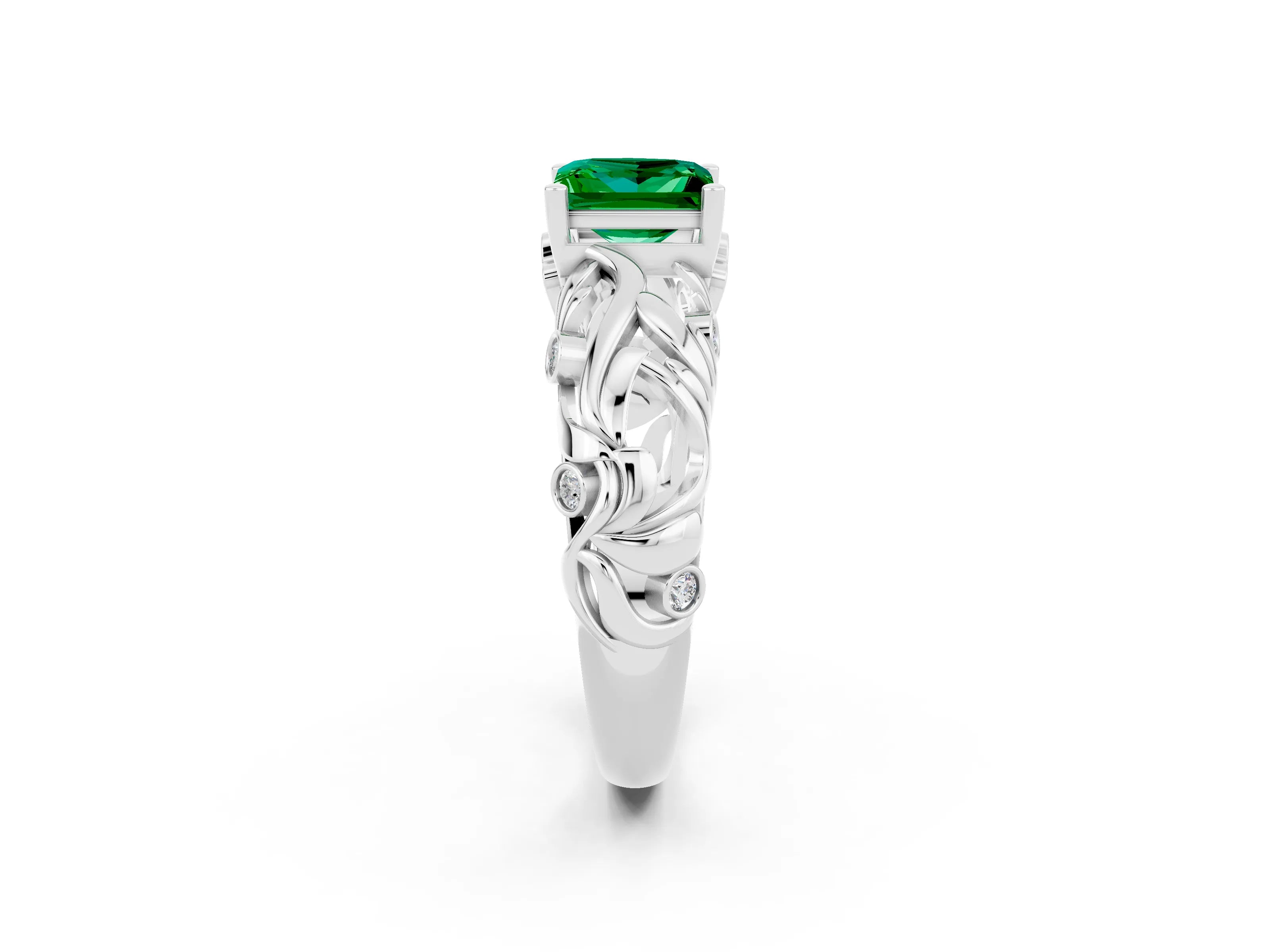 White gold Princess Cut Solitaire Emerald Leaf-Inspired Vine Band Ring with Prong Setting_2