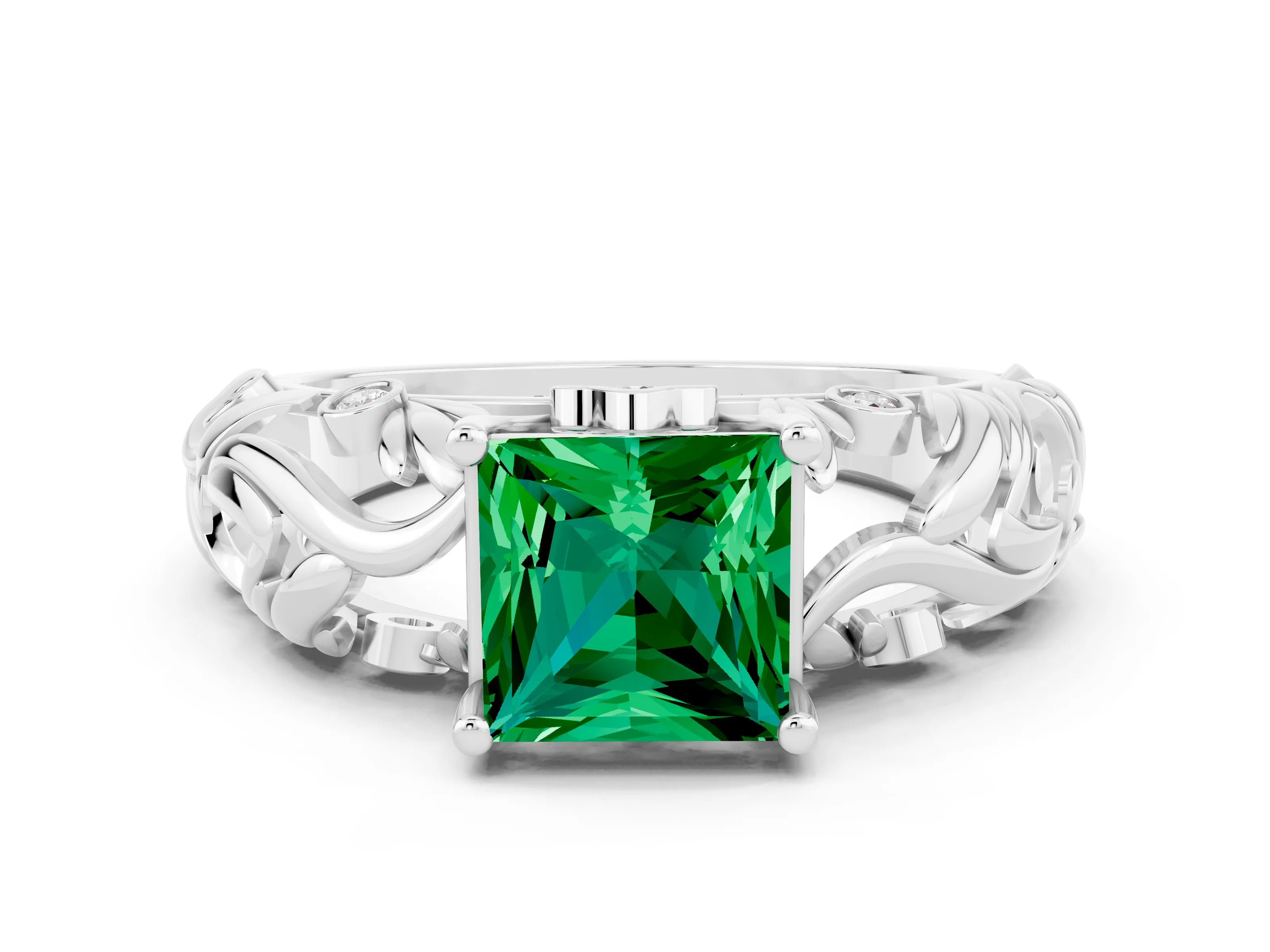 White gold Princess Cut Solitaire Emerald Leaf-Inspired Vine Band Ring with Prong Setting