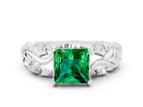 White gold Princess Cut Solitaire Emerald Leaf-Inspired Vine Band Ring with Prong Setting