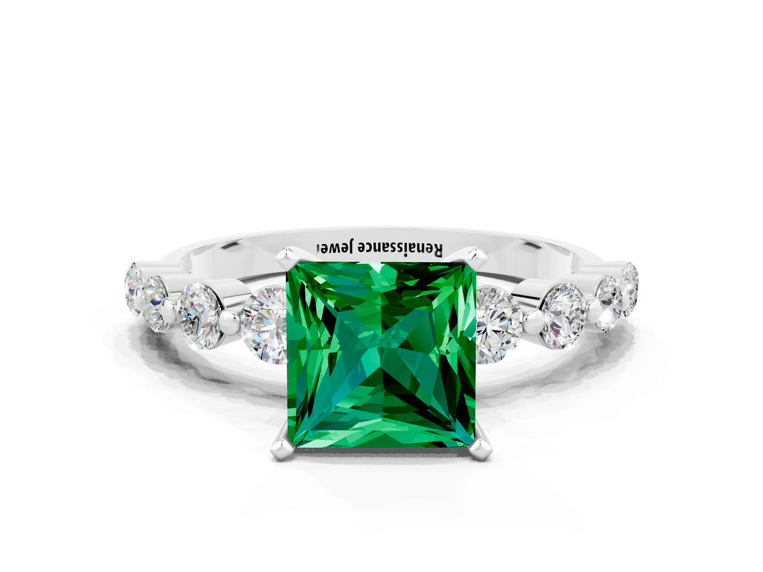 White gold Princess Cut Solitaire Emerald Ring with Pave Band and Four-Prong Setting