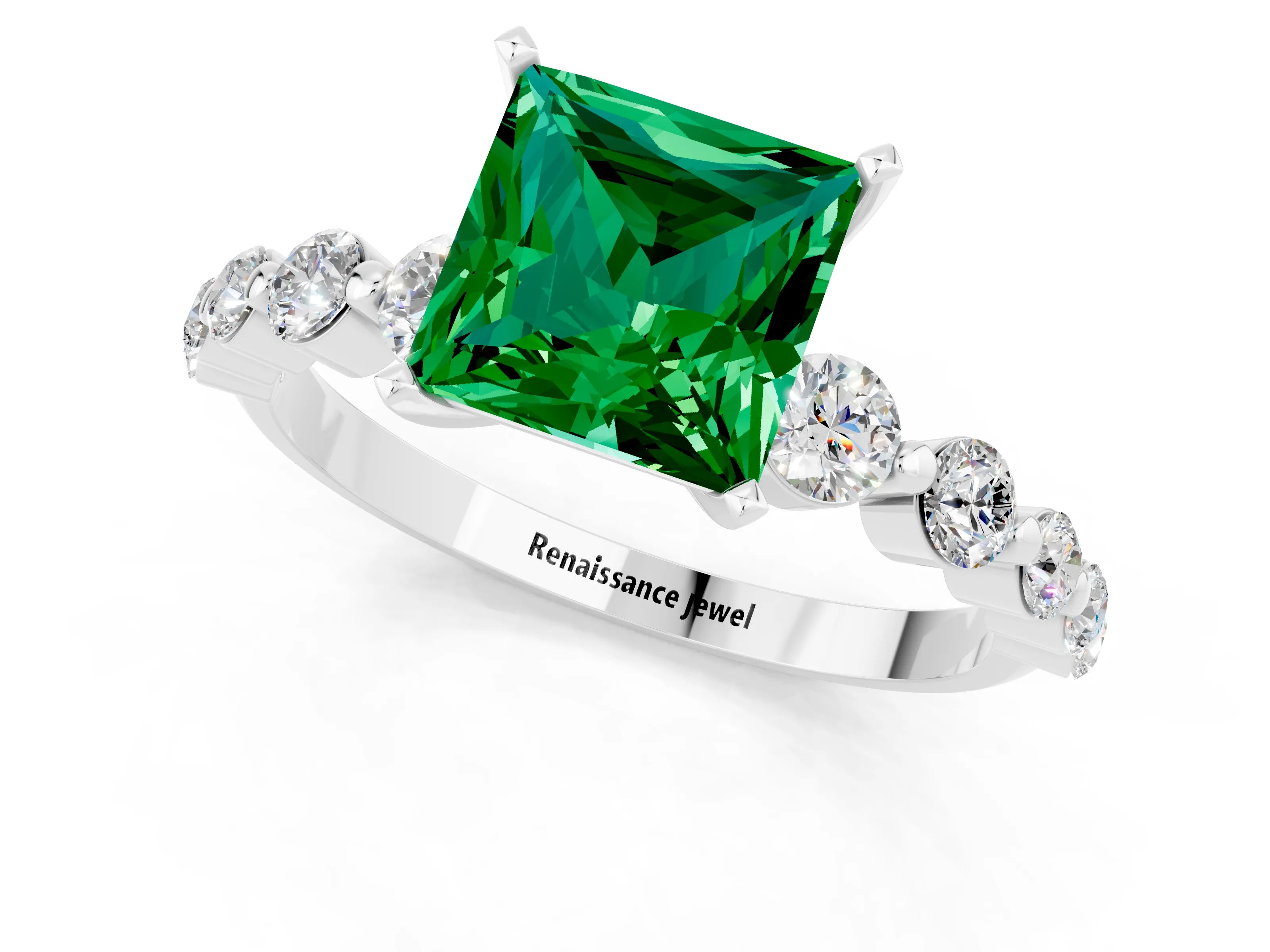 White gold Princess Cut Solitaire Emerald Ring with Pave Band and Four-Prong Setting_1