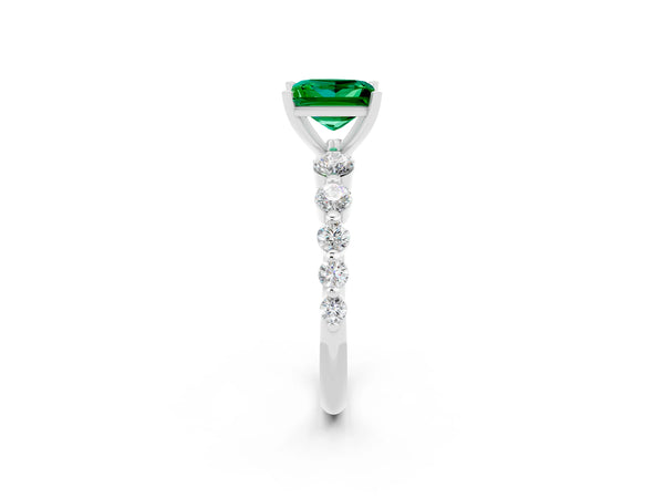 Platinum Princess Cut Solitaire Emerald Ring with Pave Band and Four-Prong Setting
