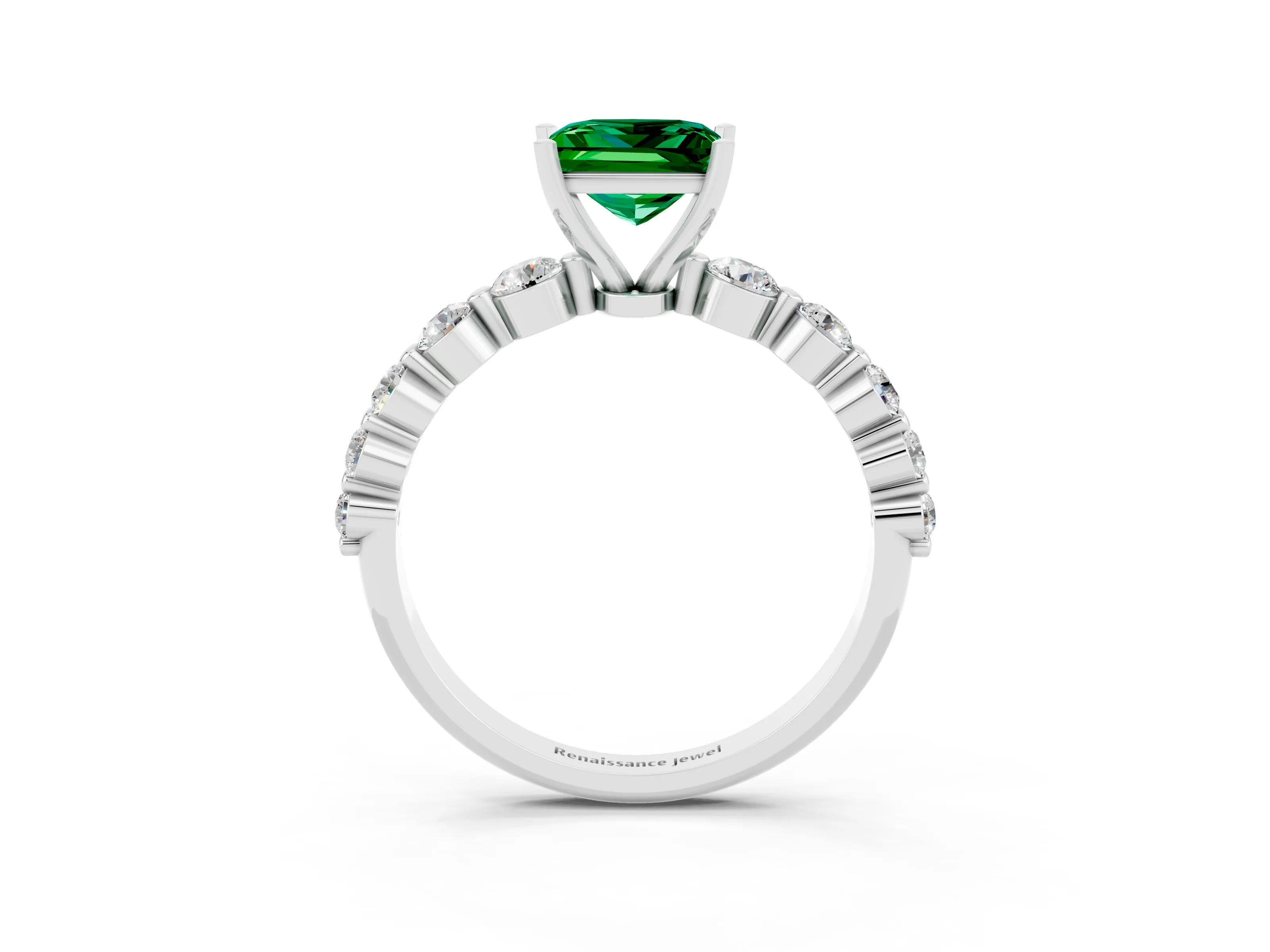 White gold Princess Cut Solitaire Emerald Ring with Pave Band and Four-Prong Setting_3