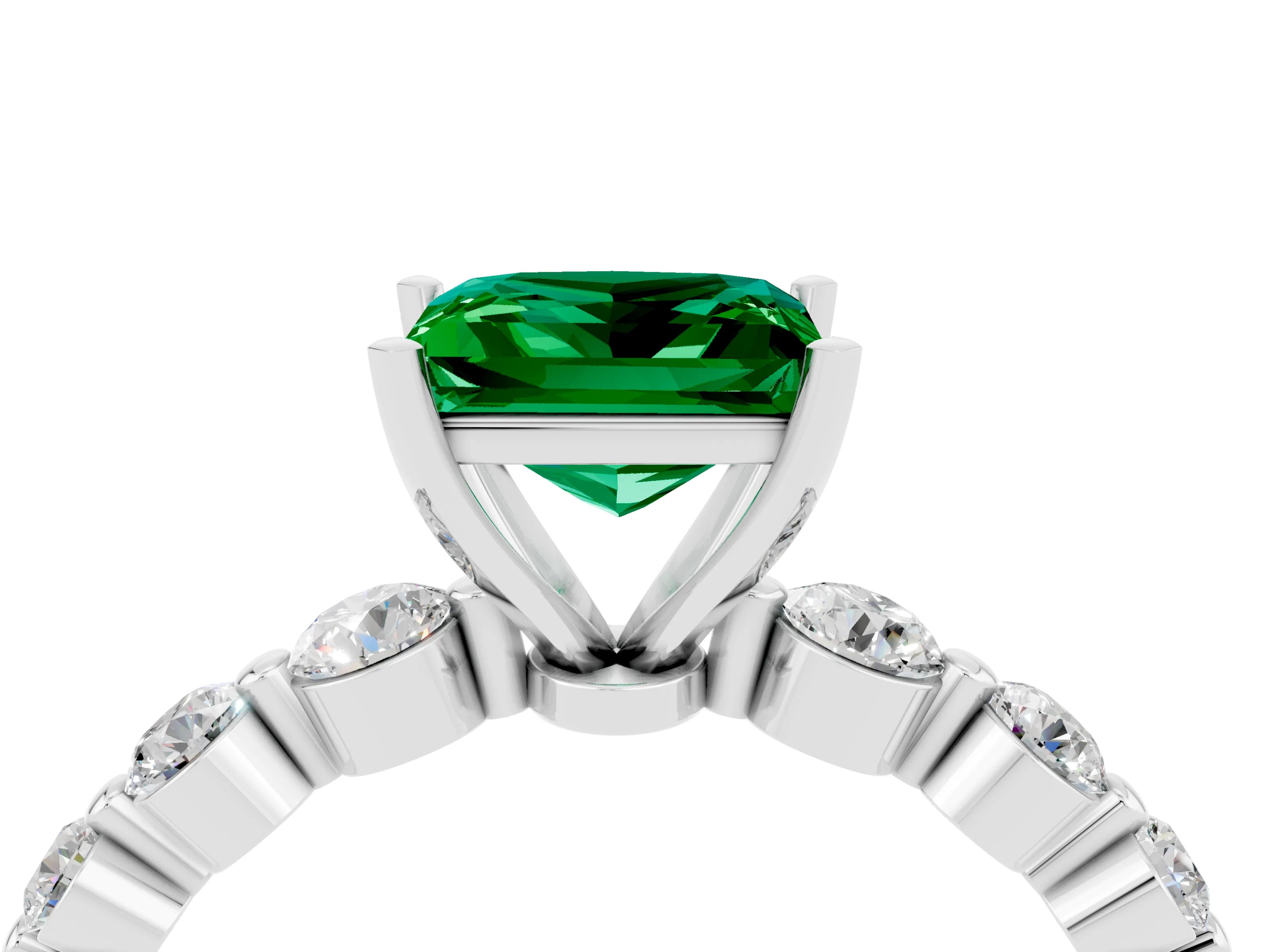 White gold Princess Cut Solitaire Emerald Ring with Pave Band and Four-Prong Setting_4
