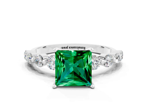 White gold Princess Cut Solitaire Emerald Ring with Pave Band and Four-Prong Setting