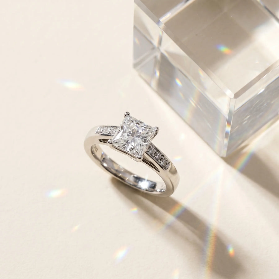 White gold Princess Cut Solitaire Engagement Ring with Cathedral Setting and Four-Prong Setting
