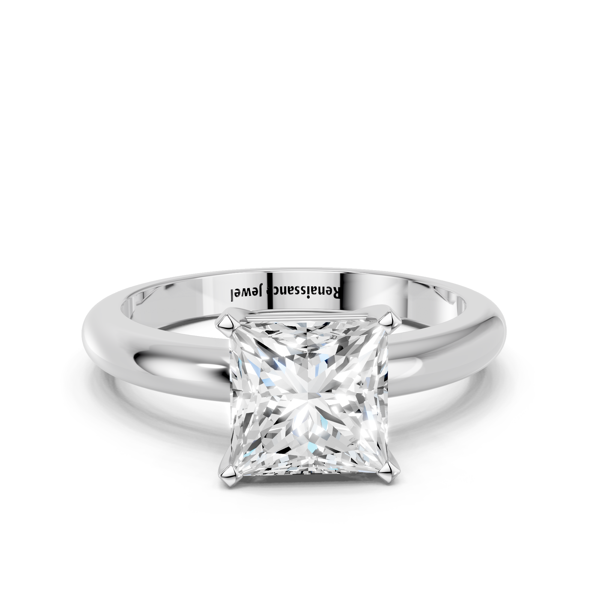 White gold Princess Cut Solitaire Engagement Ring with Round Band and Four-Prong Setting_370