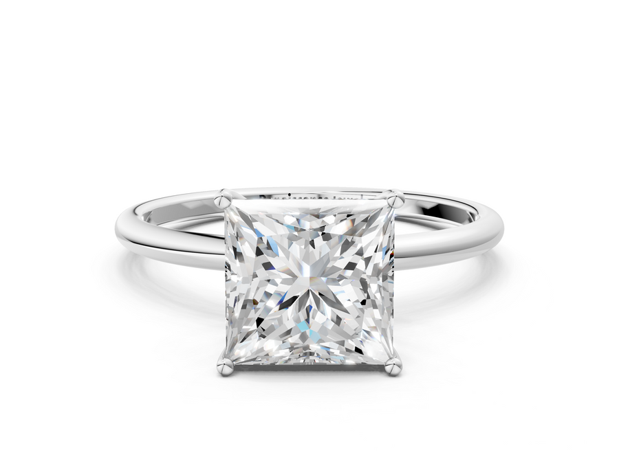White gold Princess Cut Solitaire Engagement Ring with Thin Band and Four-Prong Setting