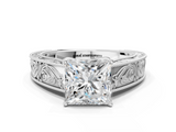 White gold Princess Cut Solitaire Engraved Band with Four-Prong Setting_114