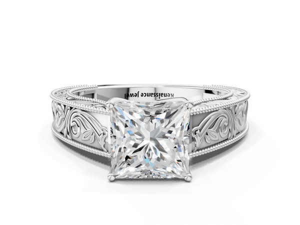 White gold Princess Cut Diamond Solitaire Ring with Engraved Band and Four-Prong Setting