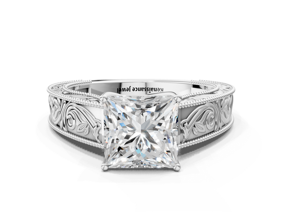 White gold Princess Cut Diamond Solitaire Ring with Engraved Band and Four-Prong Setting