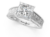 White gold Princess Cut Solitaire Engraved Band with Four-Prong Setting_115
