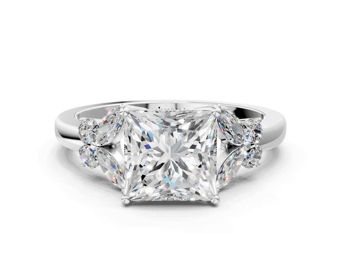 White gold Princess Cut Solitaire Floral Diamond Ring with Four-Prong Setting_37